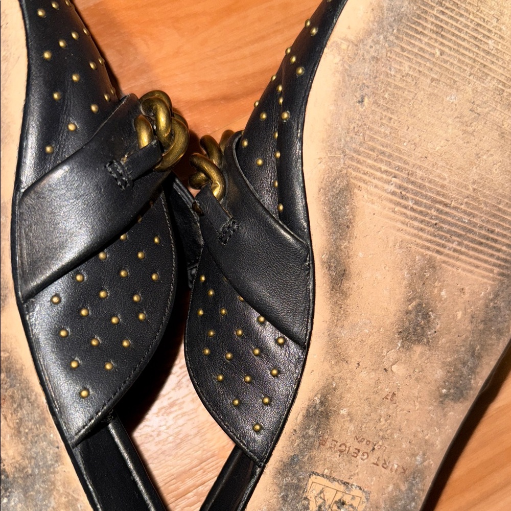Kurt Geiger Black Leather Pointed Slip-On Mules with Gold Chain - Picture 12 of 16